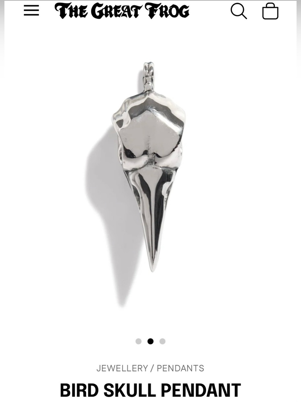 THE GREAT FROG Bird Skull Stirling Silver Pendant Corvid Raven Gothic Necklace